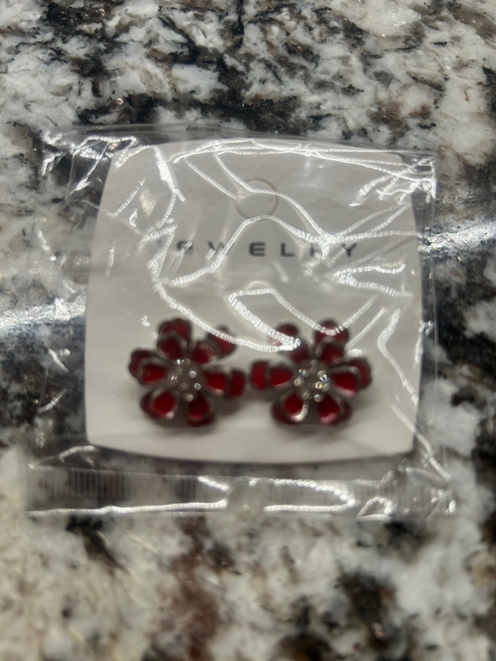 Red Enamel Floral Stud Earrings with Crystal Centers - Picture 5 of 5